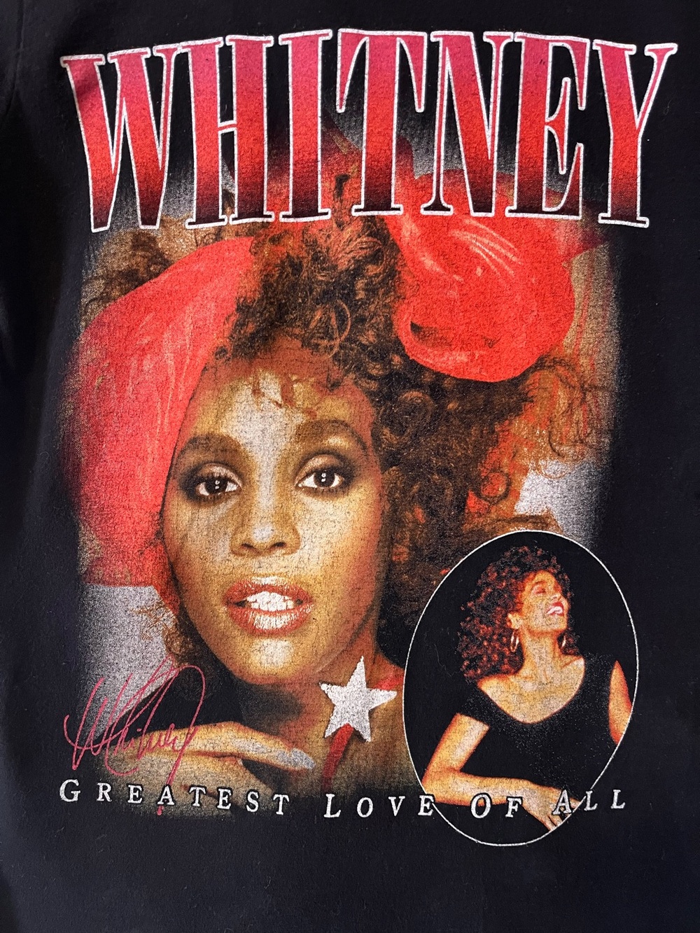 Whitney Houston Greatest Love of All Graphic Tee in Black with Red Accent